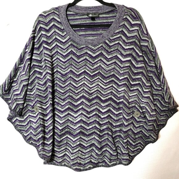 AB Studio Womens Poncho Cape Sz L Pull Over Knit Sweater Purple Black & Grey - Picture 1 of 11